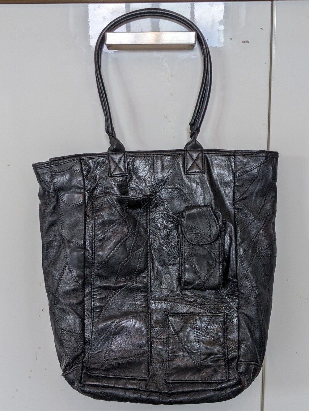 Vintage Y2K Lambskin Leather Patchwork Cool Distressed Grunge Tote Bag Black 🖤